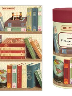 Sestavljanka Cavallini Knjižnica 1000 kosov – motiv knjižnih polic in okrogla škatla