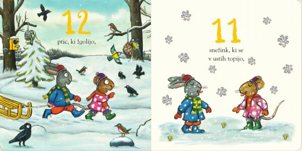 Lan in Luna. 12 dni do božiča – notranje strani 1 Lan in Luna. 12 dni do božiča – 12 ptic in 11 snežink, ilustracija Axla Schefflerja